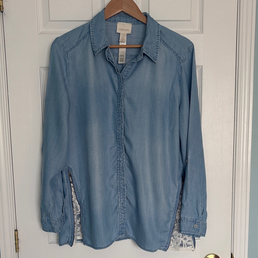 Chico’s chambray button with lace detail